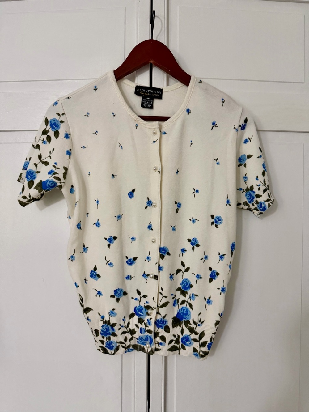 Metropolitan Blue Rose Short Sleeve Cardigan - Cream/Blue